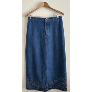 Chico’s Design Skirt Women's Size Med Denim Blue Cotton Embroidered Beaded Vtg